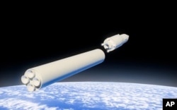 In this video grab provided by RU-RTR Russian television via AP television on March 1, 2018, a computer simulation shows the Avangard hypersonic vehicle being released from booster rockets.