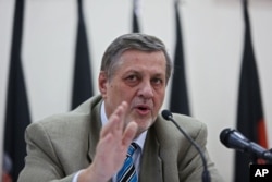 Jan Kubis, United Nation representative for Afghanistan speaks, during a press conference in Kabul, July 13, 2014.