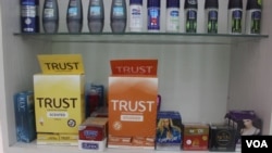 Condoms on display at a pharmacy in Nairobi. PrEP users can combine the use of the drug with other preventive interventions, like use of condoms. (R. Ombuor/VOA)