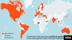 Globally, political parties are seen to be the most corrupt institution. Map via the 2013 Transparency International report.