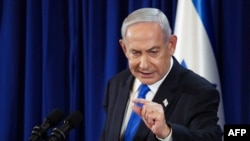 Израелскиот премиер Бенјамин Нетанјаху се обрати на прес-конференција во Тел Авив на 13 јули 2024 година во услови на тековен конфликт меѓу Израел и палестинската милитантна група Хамас во Газа. (Фото: АФП)