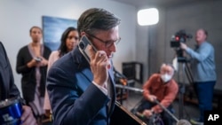 FILE - Speaker of the House Mike Johnson talks on his phone at the Capitol in Washington, Dec. 1, 2023.