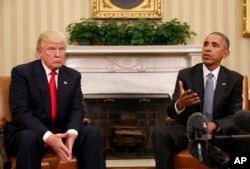 President Barack Obama meets with President-elect Donald Trump in the Oval Office of the White House in Washington, Nov. 10, 2016.