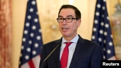 U.S. Treasury Secretary Steve Mnuchin speaks during a news conference to announce the Trump administration's restoration of sanctions on Iran, at the U.S. State Department in Washington, Sept. 21, 2020.