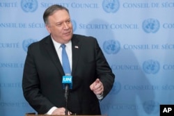 U.S. Secretary of State Mike Pompeo speaks to reporters, Dec. 12, 2018, at United Nations headquarters.