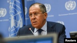 FILE - Russia's Foreign Minister Sergey Lavrov delivers remarks at a news conference at the 72nd United Nations General Assembly at U.N. headquarters in New York City, Sept. 22, 2017.