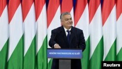 Hungarian Prime Minister Viktor Orban delivers his annual State of the Nation speech in Budapest on Feb. 17, 2024.