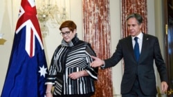 Secretary of State Antony Blinken and Australian Foreign Minister Marise Payne arrive to speak with reporters at the State Department in Washington, Sept. 15, 2021.