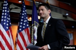 FILE - House Speaker Paul Ryan leaves after his final weekly press conference before the House of Representatives is scheduled to begin its summer recess on Capitol Hill in Washington, July 27, 2017.