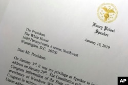 A portion of a letter sent to President Donald Trump from House Speaker Nancy Pelosi, Jan. 16, 2019 in Washington, asking President Trump to postpone his State of the Union address to the nation, set for Jan. 29, until the government reopens.