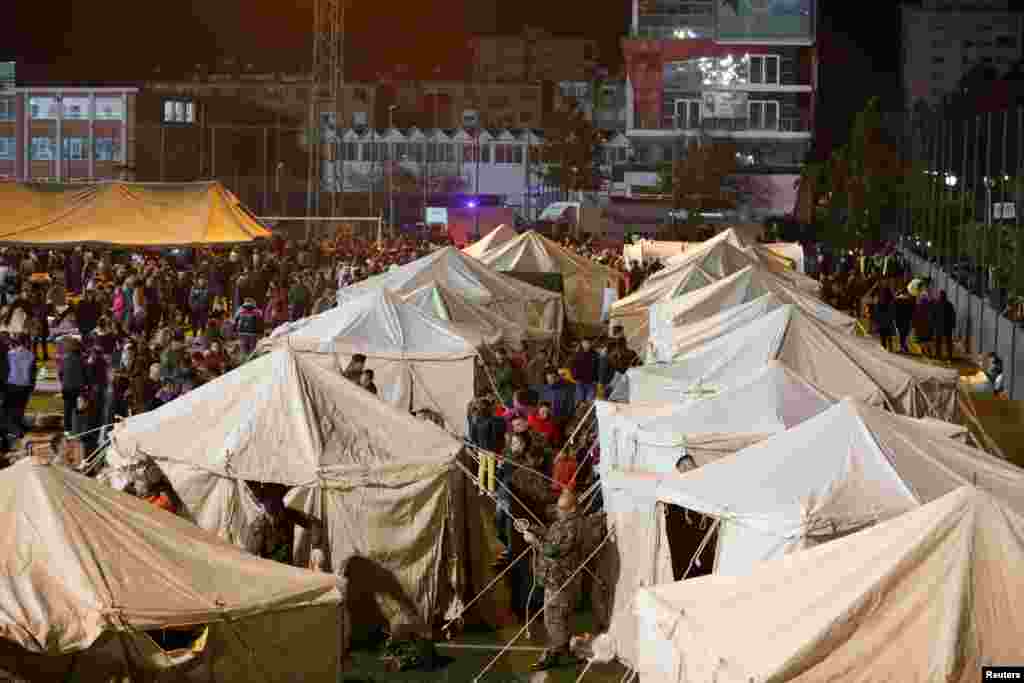 A general view of damnified at a makeshift camp in Durres, after an earthquake shook Albania, Nov. 26, 2019. 