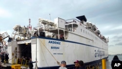 FILE - Akdeniz, a ship of Freedom Flotilla Coalition, anchors at Tuzla seaport in Istanbul, Turkey, April 19, 2024. 