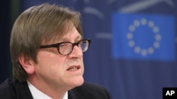 Former Belgian Prime Minister Guy Verhofstadt during a media conference in Brussels, March 6, 2012.