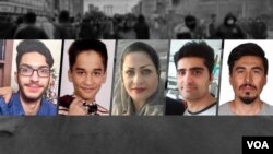 از راست:‌ ناصر رضایی، پویا بختیاری، آمنه شهبازی،‌ محمد داستان‌خواه و آرشام ابراهیمی؛ همگی از کشته‌های اعتراضات آبان سال گذشته. 