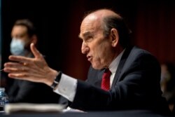 FILE - U.S. special envoy for Iran and Venezuela Elliott Abrams speaks during a Senate Foreign Relations Committee hearing on Capitol Hill in Washington, Aug. 4, 2020.