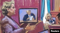 Roberta Kaplan, abogada de la excolumnista de asesoramiento de la revista Elle, E. Jean Carroll, presenta sus argumentos finales durante un juicio civil contra el expresidente Donald Trump.