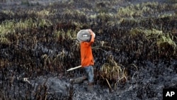 A fireman prepares to extinguish forest fire in Ogan Ilir, South Sumatra, Indonesia, Sept. 17, 2015.