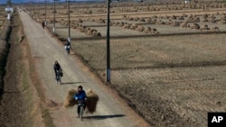 FILE - North Korean farmers pass along a road past farm fields at a collective farm near the town of Sariwon, North Korea.