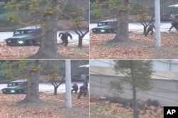 FILE - This combination of images made from Nov. 13, 2017, surveillance video released by the United Nations Command shows a North Korean soldier fleeing to South Korea.