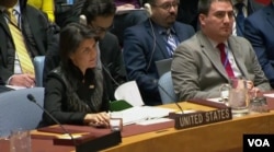 U.S. UN Ambassador Nikki Haley during an emergency UN Security Council meeting on the Iranian protests, Friday, Jan. 5, 2018.