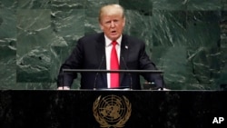 President Donald Trump addresses the 73rd session of the United Nations General Assembly, at U.N. headquarters, Sept. 25, 2018.