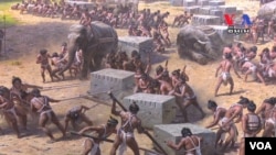 A mural of workers pulling stones to build temples at the North Korea’s Angkor Panorama Museum in Siem Reap, Cambodia.