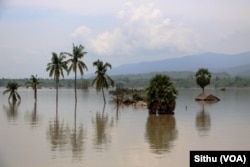 Houses are submerged in floodwaters near Mandalay, Myanmar, Aug. 5, 2015. (Sithu/VOA)