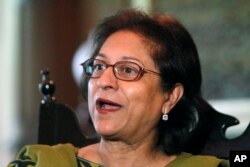 FILE - Pakistani human rights activist Asma Jahangir speaks to The Associated Press in Lahore, Pakistan, June 14, 2017.