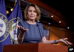 House Minority Leader Nancy Pelosi of Calif. speaks to reporters about Republican efforts to craft an "Obamacare" replacement bill, March 9, 2017, on Capitol Hill in Washington.