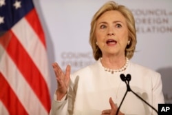 Democratic presidential candidate Hillary Clinton speaks at the Council on Foreign Relations in New York, Nov. 19, 2015. In her speech, she outlined steps she would take to combat the Islamic State group.