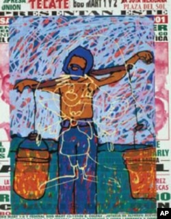 The ghostly outline of Speedy is superimposed over Tony Ortega's image of a laborer as a martyr.