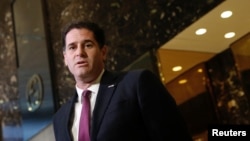 FILE - Ron Dermer, Israel's Ambassador to the U.S., speaks to members of the news media after meeting with President-elect Donald Trump at Trump Tower in New York City, Nov. 17, 2016.