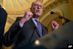 Senate Minority Leader Chuck Schumer of New York speaks at a news conference on Capitol Hill in Washington, July 18, 2017.