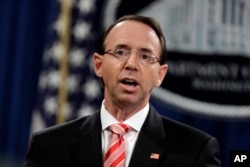 FILE - Deputy Attorney General Rod Rosenstein speaks during a news conference at the Department of Justice, July 13 2018.