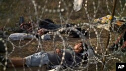 FILE - Afghan refugees sleep next to razor-wire barrier at the Serbian side of Hungary's border fence with Serbia, Sept. 17, 2015.