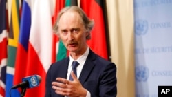 FILE - U.N. Special Envoy for Syria Geir Pedersen speaks to journalists following a U.N. Security Council meeting on Syria at U.N. headquarters, April 30, 2019.
