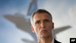 NATO Secretary General Jens Stoltenberg attends a press conference after an alliance military demonstration in Zaragoza, Spain, Nov. 4, 2015.
