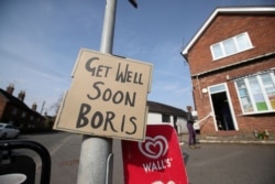 A sign of support for British Prime Minister Boris Johnson, who has been in hospital since Monday as the spread of the coronavirus disease (COVID-19) continues, in Swynnerton, Britain, April 9, 2020.