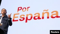 FILE - Santiago Abascal, leader and presidential candidate of Spain's far-right party VOX, speaks at a rally in Toledo, Spain, April 11, 2019. 