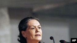 India's ruling Congress party president Sonia Gandhi, addresses a dinner to mark the government's second anniversary in New Delhi, India, May 22, 2011