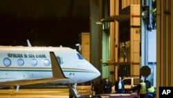 Former Ivory Coast President Laurent Gbagbo arrives in an airplane at Rotterdam Airport early November 30, 2011.