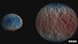 NASA's Dawn spacecraft determined the hydrogen content of the upper yard, or meter, of Ceres' surface. Blue indicates where hydrogen content is higher, near the poles, while red indicates lower content at lower latitudes. (NASA/JPL-Caltech/UCLA/MPS/DLR/IDA/PSI)