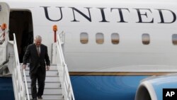FILE - U.S. Secretary of State Rex Tillerson deplanes in Mexico for a two-day visit, at Benito Juarez airport in Mexico City, Feb. 1, 2018.