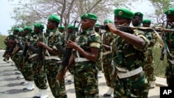 FILE - Burundian soldiers, part of the African Union troops, march at their base in Mogadishu, Somalia, on Jan. 24, 2011. The second phase of AU troop withdrawal from Somalia has started, the bloc said on Sept. 18, 2023.
