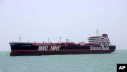 FILE - British-flagged oil tanker Stena Impero which was seized by the Iran's Revolutionary Guard on Friday is photographed in the Iranian port of Bandar Abbas, July 20, 2019. 