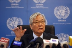 FILE - Tadamichi Yamamoto, United Nations Special Representative of the Secretary-General for Afghanistan, speaks during a press conference in Kabul, Afghanistan, May 15, 2018.
