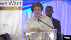 FILE - U.N. Deputy Secretary-General Amina Mohammed speaks at a development forum in Victoria Falls, Zimbabwe, Feb. 25, 2020. (Columbus Mavhunga/VOA)