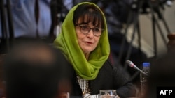 FILE - Deborah Lyons, head of the U.N. Assistance Mission in Afghanistan, attends a Joint Coordination and Monitoring Board meeting at the Afghan presidential palace in Kabul, July 28, 2021.
