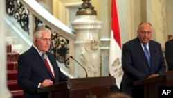Secretary of State Rex Tillerson (L) and Egyptian Foreign Minister, Sameh Shoukry hold a press conference after their meeting, at Tahrir Palace, in Cairo, Egypt, Feb. 12, 2018. 