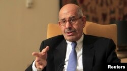 FILE - Mohamed ElBaradei speaks during an interview in his Cairo home. 
